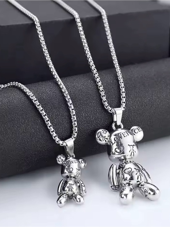 None Jewelry - 1 Big Bear Silver Teddy Bear Pendant Necklace - Heart & 'LOVE' Engraved